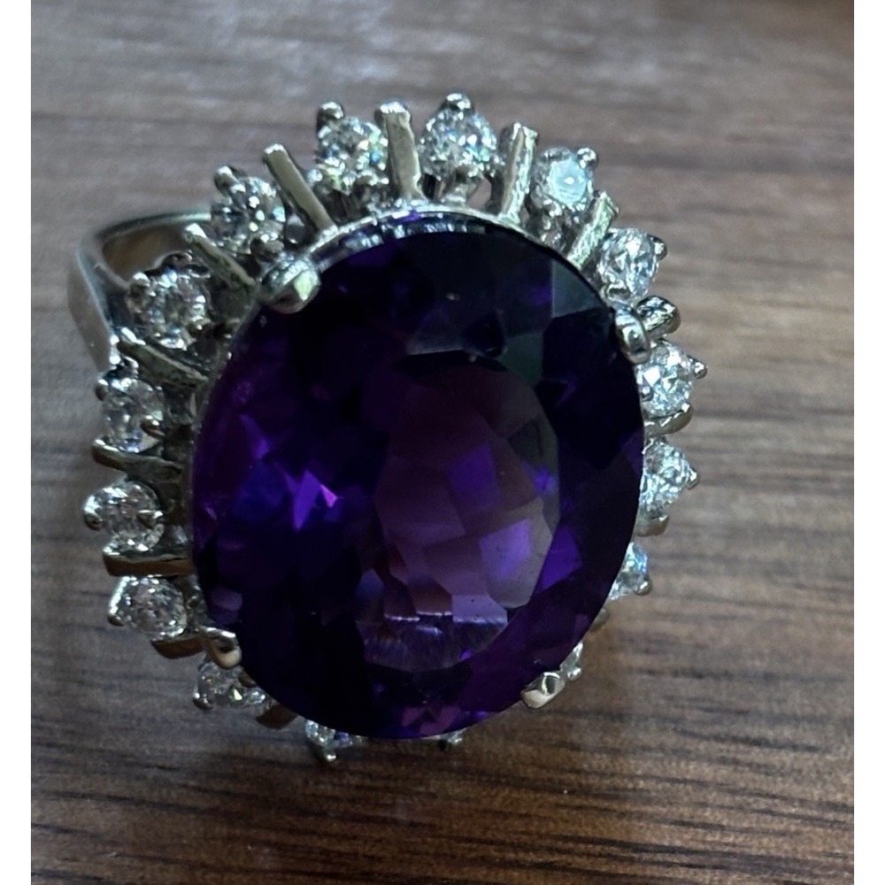Fine Velvet Purple Oval Amethyst Halo Sterling Ring Size 6.75